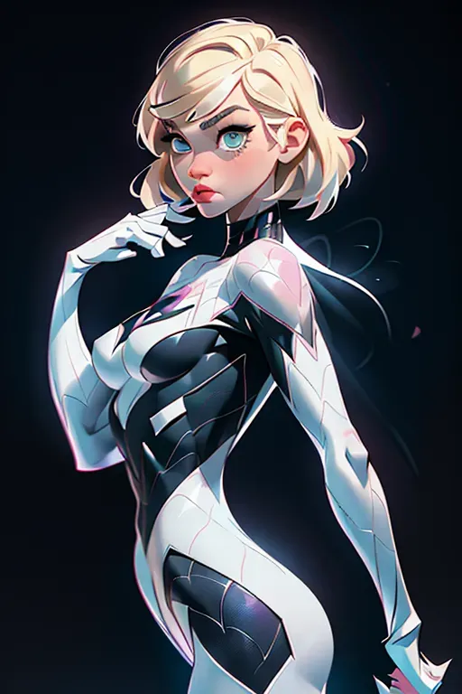 Gwen stacy. marvel. spiderverse. black and white full bodysuit. blond hair.