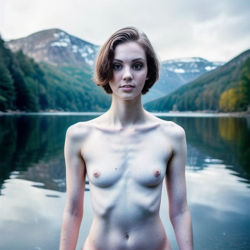 sweet and submissive naked anglo-saxon young woman posing in a lake, sophomoric body, perfect face, small perky exposed breasts, realistic face and skin, perfect body, perfectly shaped nose, unkempt hair, nature, anatomically correct, realistic detail, freckles, photorealistic, highly detailed, ray tracing, realistic skin texture, artistic photo, soft contrasting colors, realistic photo, winter, steam, warm water, golden hour, desaturated colors, cinematic, <lora:dpmg_add_detail:0.5>, perfect skin, (((slender young body))), whole face in frame, (sophomoric body), ((extremely detailed)), masterpiece, photorealistic, (((best quality))), perfect contrast, ((ultrasharp)), (((extremely detailed portrait))), ((vivid colors)), ((sharpened picture)), ((bokeh)), vivid contrast
