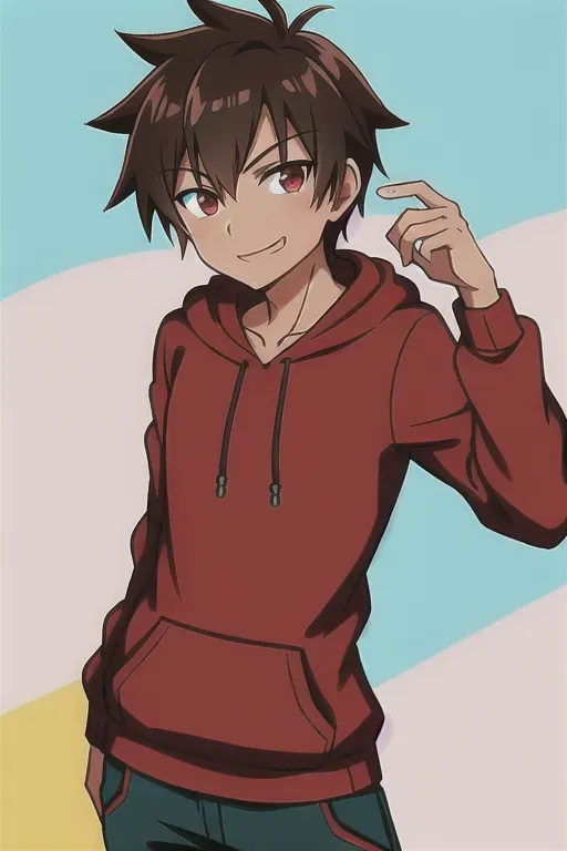Male, brown hair, red eyes, tan skin, turquoise hoodie, smug, rule 34,