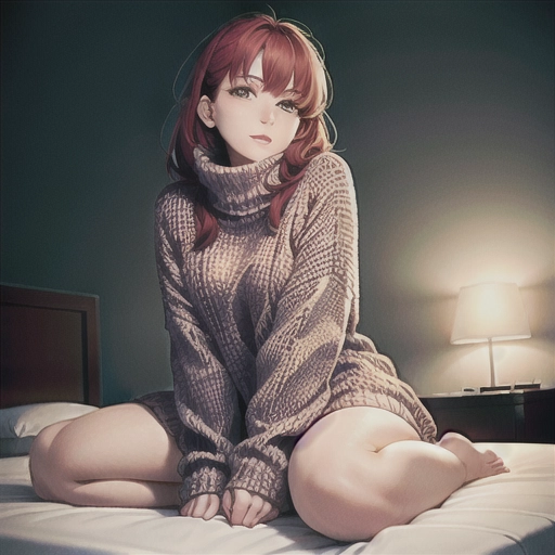 (oversized_sweater), colorful oversized_sweater, good hand,4k, high-res, masterpiece, best quality, head,((Hasselblad photography)), sharp focus, (cinematic lighting), night, soft lighting, dynamic angle,(((sitting on a bed))), outside, <lora:dpmg_oversized_sweater:0.5>
