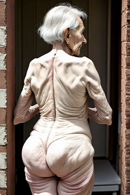 (great grandmother), naked, (80 years old), (wrinkled body), skinny, nude , street, alley, torn panties, showing ass, anal gape