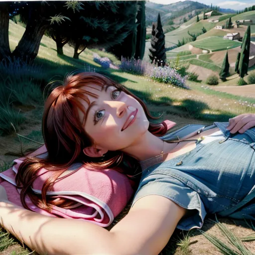 Alyson Hannigan. Blue blouse, jean skirt. Laying down on her back. Smiling.
Having a picnic in Italy. Pink blanket. Rural hillside. Grass. Trees.
Bright sun.
(((Fully clothed)))
<lora:dpmg_add_detail:0.5>, (best quality),
beautiful, (((masterpiece))),(high resolution), (uhd), (8k)