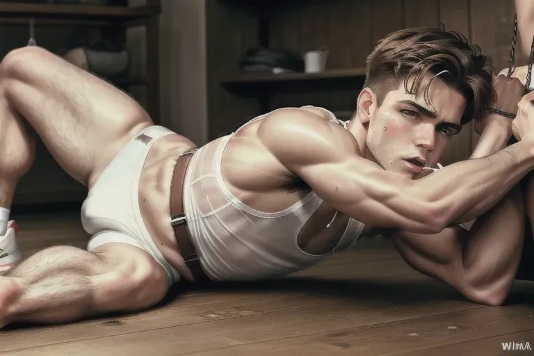 masterpiece realistic, top-quality image, blowjob, suck, high-resolution photograph, photorealistic image of twenty-year-old Romeo Beckham in bondage being fucked in the ass on a leather sex sling, wearing a white athletic tank top and dirty nike trainers, no pants, underwear stuffed into his mouth ((his big European semi-hard cock is exposed leaking cum)), ((very accurate and highly detailed handsome face wincing in pain)), sharp realistic eyes, detailed textured skin ((pores)) slender male body, sparse body hair, legs wide, huge dick cumming in his asshole