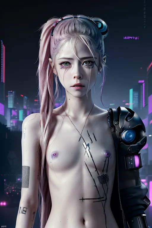 (Avril Lavigne), naked, perfect face, high quality face, 64k, ((cyberpunk)), running mascara,crying ,body modification,battle scars, 1 samurai sword in hand, cyborg implants, ultra detailed image, 4k,