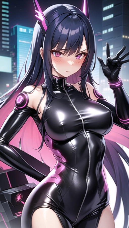 cyberpunk style, sexy, hot, 1 girl, long hair, t front bodysuit, blushing, from face,