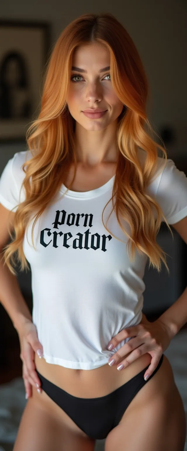 30 year old athletic adult female, Long Light Copper Blonde Hair, Round cheeks and a square chin, Hands on hips and chest pushed forward, wearing a tight white T-shirt with the phrase Porn Creator, Black satin Thong