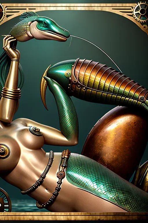 alluring naked mermaid girl sitting on the back of a mechanical steampunk whale with a fishing pole and a bird, in the style of light emerald and red, whimsical yet eerie animal symbolism, mixes realistic and fantastical elements, airbrushing, figura serpentinata, textured illustrations, flickr --ar 2:1 --s 250