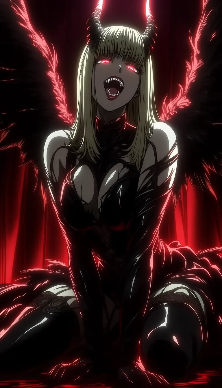 dark_art_style, 1girl, solo, demon girl, succubus, bat wings, black wings, horns, fangs, sharp teeth, long hair, blonde hair, red eyes, glowing eyes, seductive, aggressive expression, open mouth, gothic outfit, black dress, lace, feather details, dark fantasy, sitting pose, leaning forward, looking at viewer, red background, blood red lighting, dramatic lighting, high contrast, intense atmosphere, shadows, cinematic lighting, ultra detailed, masterpiece, best quality