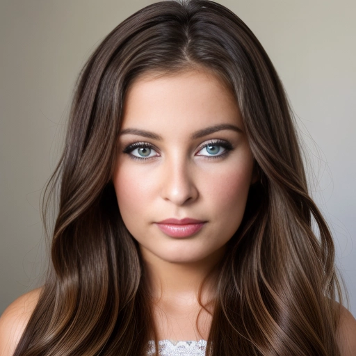 a beautiful young (teenage) girl with long brown hair, (largest huge brown eyes:1.2), realistic, masterpiece, long eyelashes, mascara, facing foward