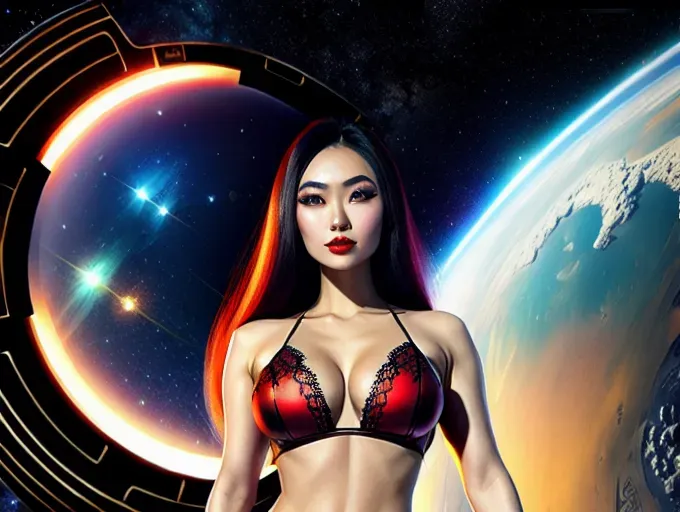 photography of kyrgyz girl, 18 years old, beautiful face, colorful long hair, astronaut, perfect body, big rounded eyes, beautiful red lips, highly detailed face, curved eyebrows, inocent face, correct anatomy, 8k, insanely beautiful, ultrarealistic, small waist, sexy pose, back pose, small lace bikini space suite, inside a spaceship, full body,laser machine gun, sci-fi style, vintage, sexy, outter space, space helmet