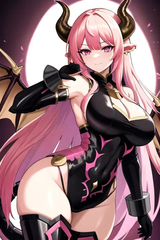 Best quality, dragon girl, big horns, big breasts, multicolored long hair, pink eyes, black armor
