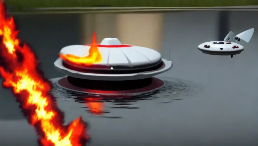 ((Masterpiece of realism, digital painting style)), (Top view of small detailed ufo on fire, daytime crash-landing in water lake alien crash site)