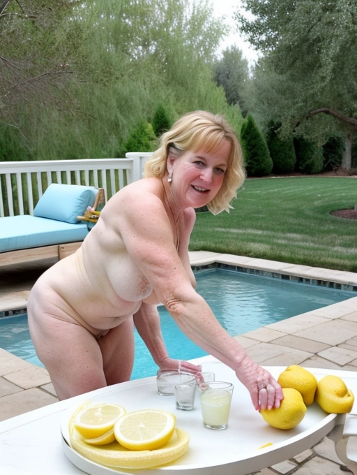 our naked middle aged lady neighbor lady shows off her moist and open vagina as she serves us a tray of lemonade while we visit her on her back patio