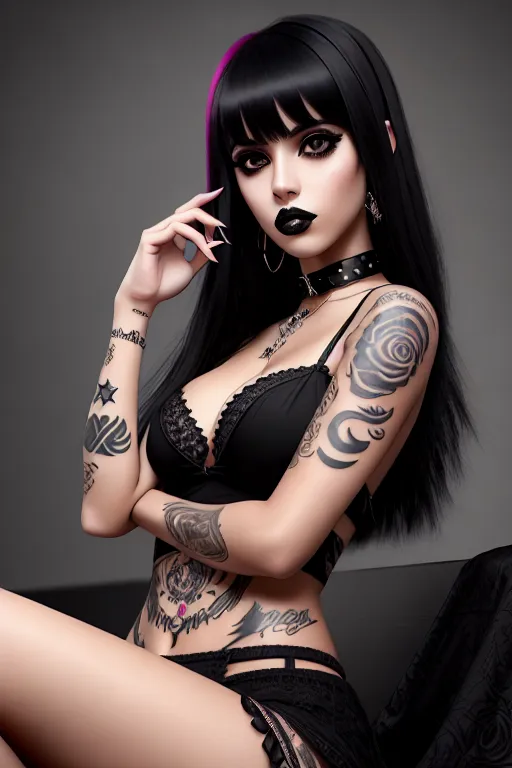 a digital art of,a venezuela girl,wearing goth clothes,lying,outdoor,five slender fingers,bangs hairstyle,charming face,beautiful lips,detailed large eyes,curved eyebrows,smooth skin,satisfaction,tattoo,sharp focus,bokeh,highly detailed,professional,8k