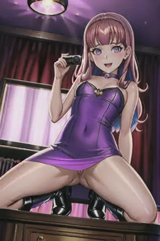 A photo of, from underneath, daphne from scooby doo, laying on desk, <lora:dpmg_fingering:1>, wearing a purple minidress, wearing boots, looking at Camara, beautiful face, beautiful eyes, small pupils, red hair, in a haunted mansion, volumetric lighting, dark, erotic, update, nsfw,