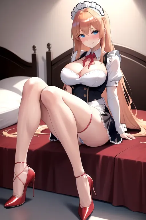 1girl, solo, strawberry blonde hair, high heels, long hair, looking at viewer, bound legs, giant breasts, on back, feet, blush, underwear, panties, giant breasts, maid uniform, miniskirt, blue eyes, sitting on bed, pov, looking at viewer, smiling, cleavage