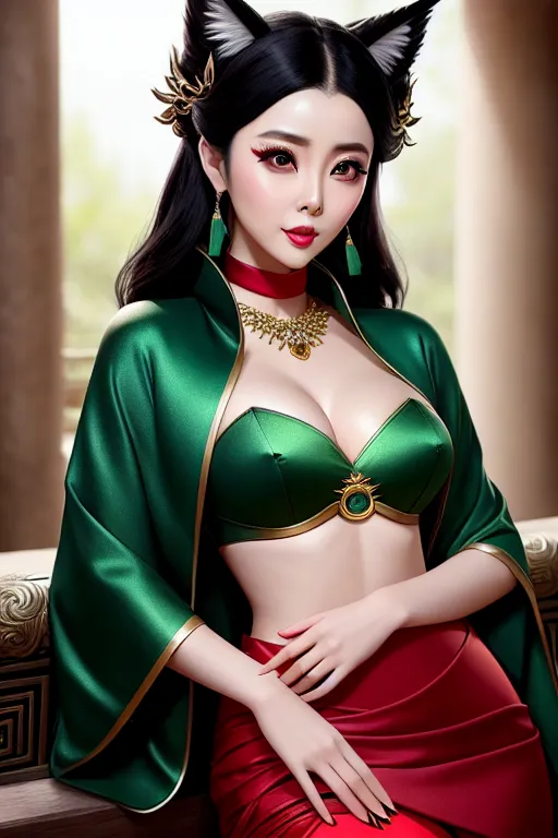 a illustration of,fan bingbing,wearing lol ahri cosplay,lying,in a temple,five fingers per hand,updo hair,gorgeous face,beautiful lips,green eyes,curved eyebrows,textured skin,erotic,wearing necklace,studio lighting,sharp focus,editorial,bokeh,artstation