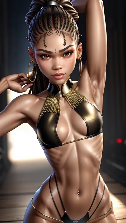 Zendaya,
(realistic face),
(realistic body),
flat chest,
detailed facial features,
textured skin,
highly detailed,
hip bones,
detailed face,
detailed hair,
ultra realistic,
incredible detail,
skin texture,
ponytail,