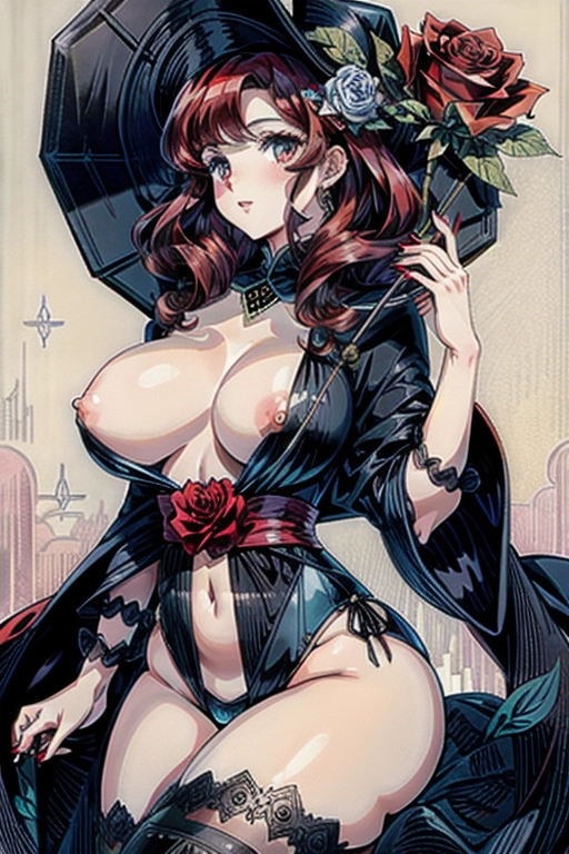 a color pencil draw of, a game card, <queen of spades>, iconic, wearing a spades pattern black kimono,<lora:dpmg_shirt_pull:1>, half visible huge natural breast from decollete, massive muffy nipples, ultra curly brown red hair, curvy body, pale skin, handling a rose, at beach, <lora:dpmg_add_detail:1>, second floor, full body view, deep view, accurate hands, five fingers per hand, accurate long nails, accurate hands position, accurate details face, accurate body, accurate breast, accurate clothes, accurate rose, smooth, shave focus, art nouveau, Alphonse Mucha, ultra realistic, high texture, vertical symmetry, masterpiece,