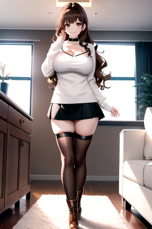 thigh high socks, miniskirt, white sweater top, brown hair, choker, brown eyes, pale skin, giant breasts, boots, cleavage, high heels, looking at viewer, walking across room, living room, 1girl, smiling, wavy hair, 8K, Full body photo