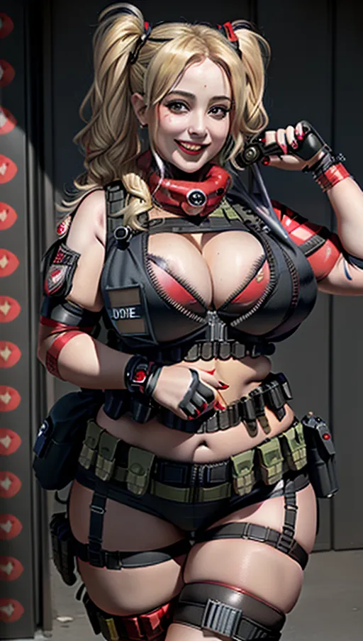 Harley Quinn, voluptuous (((suicide bombgirl))), huge breasts, european, blonde hair, (((wearing a tactical explosive vest))), wide hips, thick thighs, huge breasts, tactical bomb vest, suicide vest, smiling, lots of cleavage, (((cubby))), curvy, thick, sideboob, midriff, plastic explosives, (((red wires wrapped around her))), (((holding detonator)))