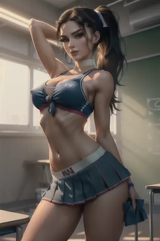 a (wide shot) concept art of single woman,(as a cheerleader),(teasing in a classroom)(Sly)(Evil grin),(wearing cheerleader uniform)(wearing a tied off shirt)(exposed midriff)(wearing knee high tube socks)()(sweaty)(wet panties), (accurate face),(pinup art), (sexy pose)(upskirt)(fondling ass and breasts)(looking down at you), (slender build)(Athletic Build)(skinny)(perfect ass), (perky breasts)(hard nipples), five slender fingers, (long SLEEK HIGH PONYTAIL CENTERED ON TOP hairstyle)(BLUNT)(BANGS), beautiful face, beautiful lips, detailed eyes, curved eyebrows, cinematic lighting, studio lighting,professional,editorial,