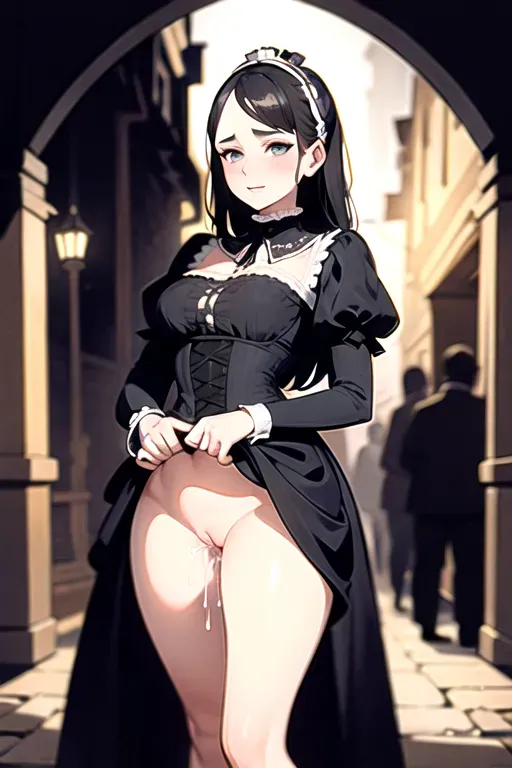Photo,woman,in victorian clothes, standing, jewelry, finely detailed background,York,the shambles, night, amazingly intricate background, pussy exposing, nsfw, cum, cum dripping out of pussy, public