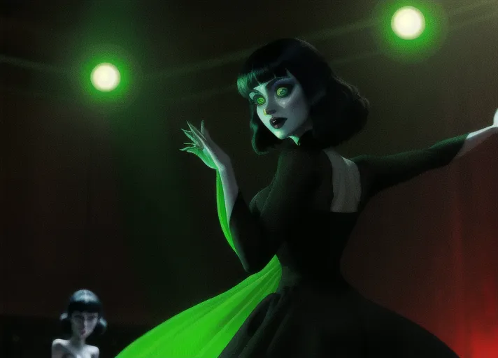 two ladies in a dark atmospheric modern goth nightclub, Dakota Fanning as Mavis Dracula of Hotel Transylvania in tight black revealing attire and hypnotic red glowing eyes, dancing the night away with beautiful good auburn haired Elizabeth Lail as Anna of Arendelle in a modest light green royal gown. Photorealistic, b-horror film screencap,