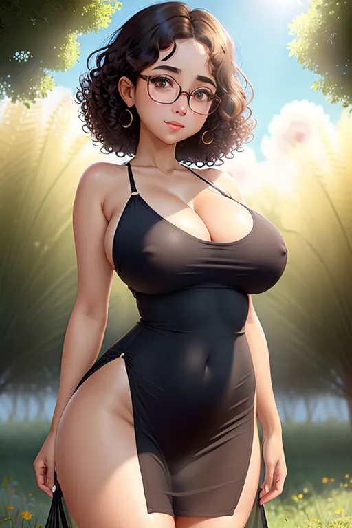wearing a skin tight sun dress,big eyes, long eyelashes, short curly hair, skinny, perfect anatomy, sexy pose, juicy pussy, perky tits, shy, blushing, round glasses, outside, underboob, no panties, petite, detailed, 4k quality, detailed drawing, on a field, wide hips, puffy nipples