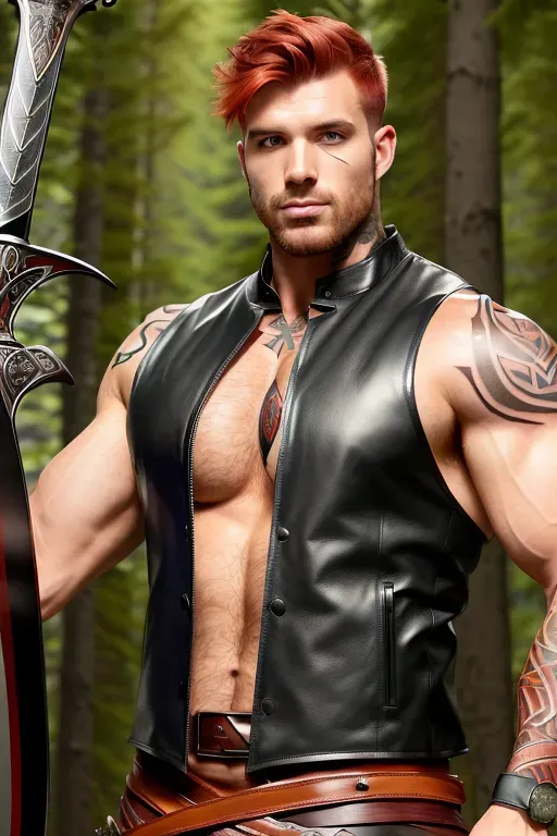 A tall heavily muscled Italian man
(black leather vest)
(auburn red hair)
(tanned Caucasian skin tone)
(red Celtic tattoos on face and chest)
(wearing a two handed European sword on his back)
(detailed Finnish forest background)