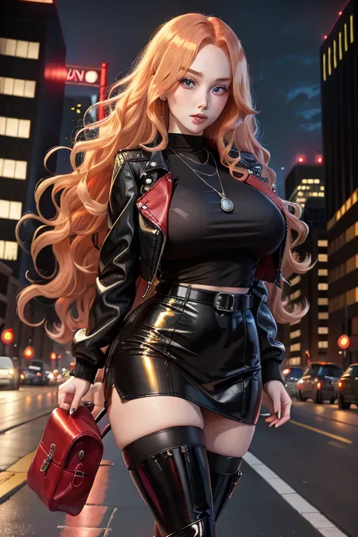 full body, strawberry blonde hair, hazel eyes, short girl, black miniskirt, black high heel boots, looking at viewer, long hair, pale skin, silver necklace, black shirt, 24 years old, giant breasts, cute face, pov, wavy hair, city environment, Oklahoma City, wide eyes, erotic, skirt tug, red leather jacket, nighttime, black backpack