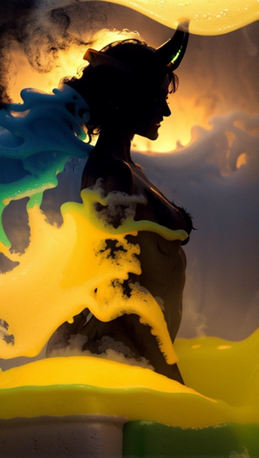 A professional photograph, (close-up face), ((silhouette:1.8)), 1 hot (((succubus with small horns))) (33) (((naked))) walks inside (((coloured foam:1.9))) and (((smoke:1.8))), ((steam, fog, mist:1.8))), perky breast, ((smile:1.2)), permed dark purple hair, beautiful lips, (stomach tattoo:1.2), (succubus horns:0.8), beautiful face, highly detailed, perfect hands, five fingers per hand,
cinematic lighting, cinematic composition, 32k, HDR, highest quality, highest resolution, (photorealist:1.72), (photorealism:1.72), (masterpiece:1.18), --s 750