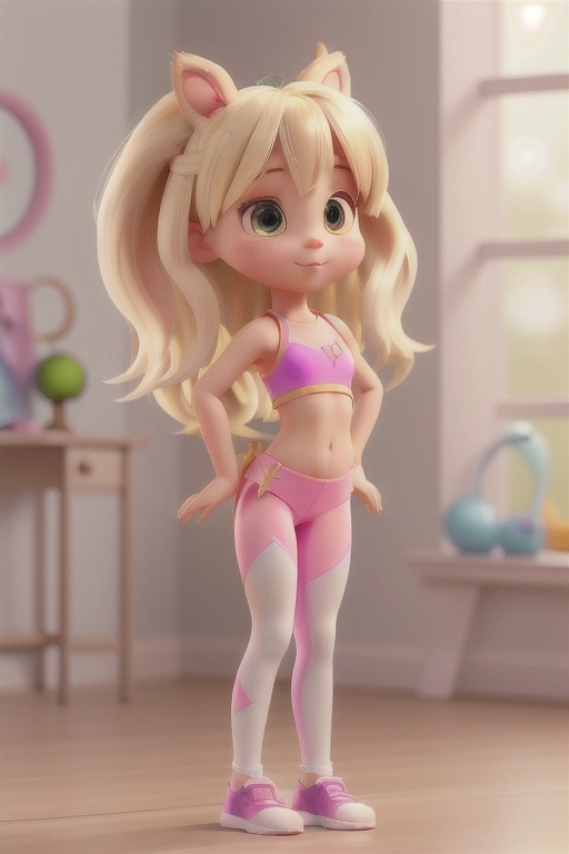 a petite, energetic bunny girl, with cute little bunny fireball tail. She dressed in a revealing ravers outfit (tight translucent sports bra with g string thong showing under tight and revealing silk leggings ), perfect ass and bubble butt with wide hips and long legs and cute feet and perky small breasts, exposed navel and bikini line, with her long ears poking up through her short blonde hair.