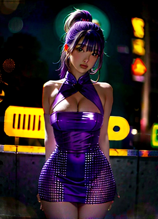 8K, ultra detail, a girl in a sheer purple top in a neon city, in the style of chinapunk, iconic album covers, soft-focus portraits, luke fildes, light amber and silver, exotic, captivating lighting <lora:wet_look_dress:1>, <lora:doll_likeness:1>