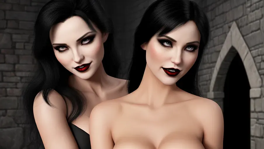 two figures in a dark and foggy goth club. An evil sexy sensual slightly taller dominant female black straight haired vampire with a wide toothy predatory smile, taking her human victim in her arms caressing sexually arching over as she bites the neck of her victim
fearful and seeking to escape, Innocent, good girl with light reddish-auburn gentle wavy hair, light make-up, good girl mid-twenties Anna of Arendelle, entranced lips agape in horror, eyes half closed in a modest elegant soft green Nordic ballgown.
photorealistic. High resolution