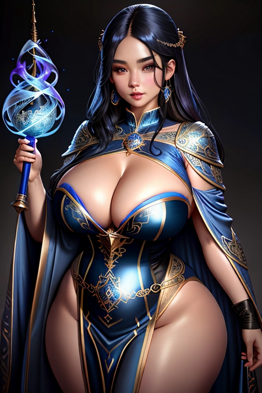 Beautiful and curvy wizard girl in tight and revealing blue wizard robe looking at viewer, ((beautiful)), ((busty)), ((curvy figure)), (ornate blue robes), (magic), ((black hair)), (fair skin), ((((4k)))), ((((highly detailed)))), ((((perfect anatomy)))), setting is wizard college, lighting and mood is starry night