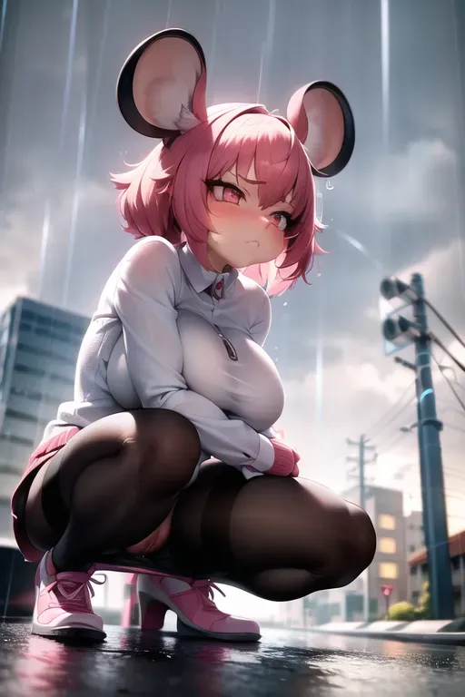 A mouse girl, squatting in the street, viewed from below, furry, anthropomorphic,pink hair, in the rain, wet clothes, transparent clothes, transparent, frowning, wet, can see genitalia through clothes, can see breasts through clothes, embarrassed, accidental, fully clothed, soft skin, blushing