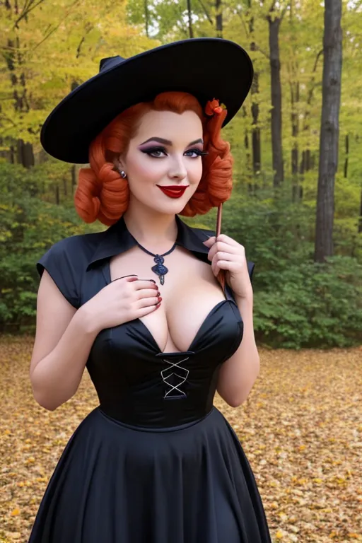 Full color, Halloween, gorgeous witch, cauldron, warm smile, closeup, 1940s style pinup hairstyle and makeup, deep plunging neckline, cleavage,