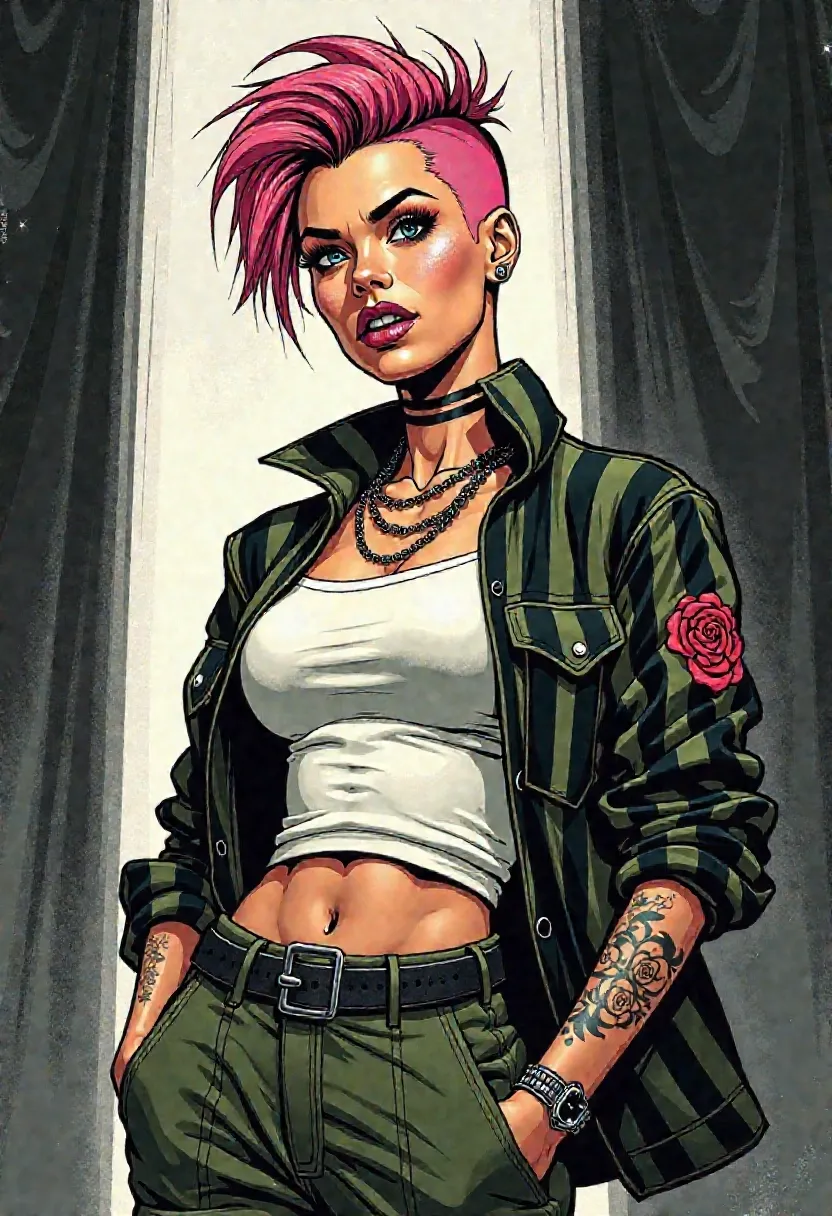 Abbi Rose, punkrock girli with itty bitty chaos and grown-ass posture, rendered in hand-drawn realism with graphic noir shading and pop-art framing
petite frame, fauxhawk cut in faded magenta, sides razored short with jagged pixie tufts styled like static freeze, features angular and sharp, wide eyes outlined in smudged black, open grin glossed neon pink, cracked with tension and charm
bright white fitted tank top streaked with glitter and smeared makeup, stretched tight over her chest and ribs
(black and green vertically striped army-style jacket:1.3), sleeves rolled high, stripe pattern bold and aggressive, breaking up her silhouette with stylized rhythm
(dark rose tattoo on left side of her neck:1.2), subtle but striking, shaded in with soft black ink and detail bloom
dark olive green cargo pants with wide legs, high-waisted and structured, cinched tight with a black leather belt
small silver chains layered loosely around her neck, catching ambient glow
posed in 3/4 portrait from head to mid-thigh, body slightly off-center, hip tilted, posture relaxed but unreadable
set on a sound stage with abstract background elements—scaffolding, rigging, curtain folds—noir-inspired side lighting casts sharp shadows across her jaw and collarbone, bloom light hits glitter, silhouette carved with confident contrast and thick ink edgework, like a cover panel from a graphic novel built to remember her