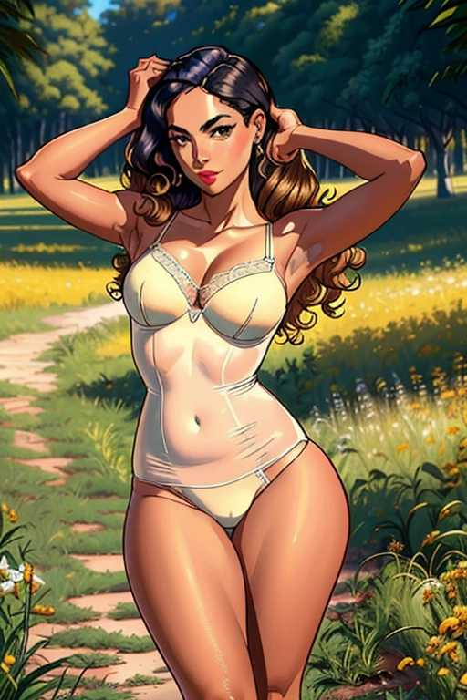 1950s, Alexandria Ocasio-Cortez, house mom, milf, beautiful, medium golden curly hair, soft and curvy build, small perky breasts, thin waist, thicc ass, full thighs, smooth legs, cute feet, wavy see through gown, 50s bra and panties, walking in midst a meadow alone, noontime, ((high definition)), ((4k quality)), ((excellent lighting)), ((great shading)), ((pristine detail)), ((really clear picture)), ((beautiful vibrant colors)), ((accurate at lower prompt guidence)), ((ultra realistic)), (((five fingers per hand))), (((two arms per person))), (((two legs per person))), (((two hands per person))), (((two feet per person))), ((((100 percent according to prompt))))