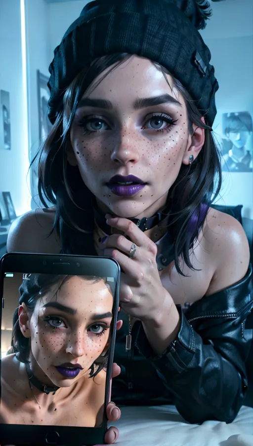 photorealistic, 8k, accurate face, (((detailed face))), (((replicate inspiration face))), freckles, black lipstick, wearing black beanie, collar, shy,
<lora:dpmg_photo_compare:1> ,phone, cellphone, smartphone, holding, Nude,
location is bedroom with purple lighting, movie posters on wall, messy bed,
