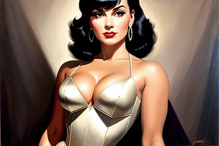 Exquisite detail of Bettie Page, as a 1950s android robot, posing seductively, in the style of Giovanno Casotto, Hyperdetailed, ((Best quality)), ((masterpiece)), ((realistic)) intricate and detailed, concept art oil painting, portrait ethereal by jama jurabaev, greg rutkowski extremely detailed, smooth brush, artstation, soft