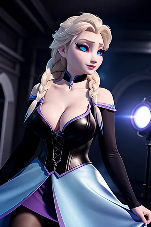 Professional photo of, Elsa frozen, in goth clothing, miniskirt, unreal engine, sharp focus, studio lighting, beautiful eyes, hyper realistic, big boobs, cum