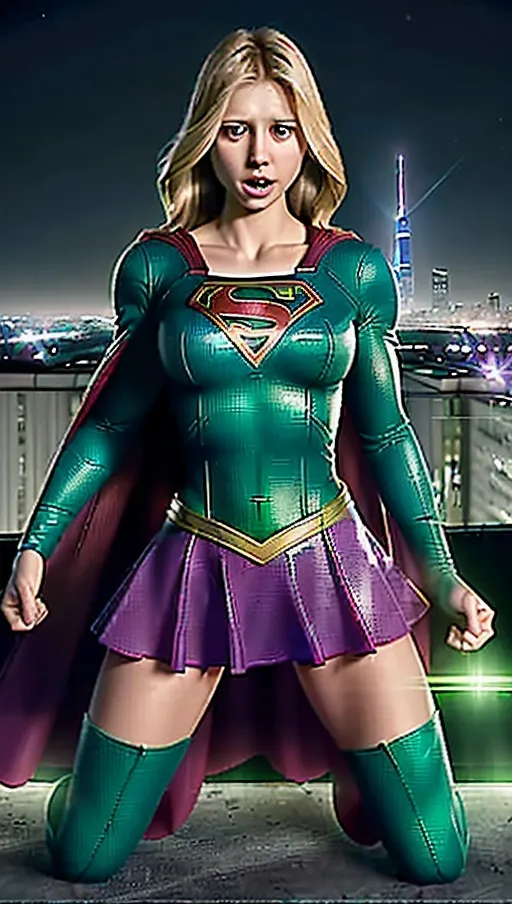 Supergirl is brought to her knees with weakness from an exposed crystal of kryptonite. Tight supergirl outfit, short skirt, cleavage. The green crystal radiates green light and seems to be self illuminated, the crystal is in a small ornate box that has the lid open exposing the crystal of kryptonite, Her face has a surprised painful and agonizing expression, the green radiation from the crystal seems to weaken Supergirl, She grabs her abdomen in pain, nighttime rooftop location, city skyline in the background,
