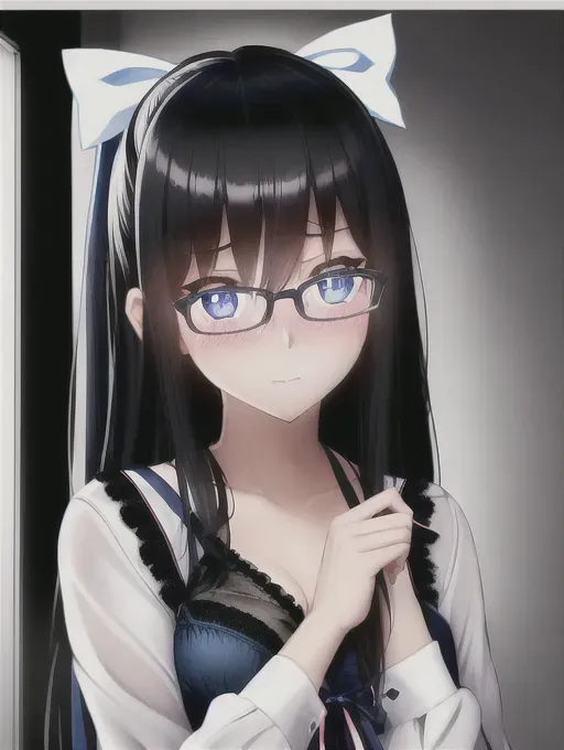 1girl, closeup, dark room, nightime, black hair, glasses, blue eyes, ribbon, lingerie, shy, embarrassed, sexy, cute, bed