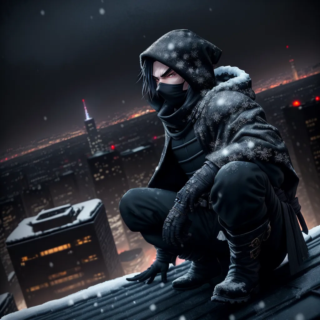 photograph of a ninja crouching on a snowy rooftop at night, wearing a black mask, black hood, and black gloves, with a dark floral patterned cloak, maroon pants, and black boots with gold accents, cityscape in the background with illuminated skyscrapers and buildings, snow-covered rooftops, cold winter atmosphere, dramatic lighting, ninja with intense gaze, urban setting, winter city, ninja outfit, stealthy pose, rooftop perch, night sky, city lights, snowfall, detailed textures, realistic, high contrast, cinematic, urban ninja, winter ninja, cityscape at night, stealth, ninja costume, city lights, intricate clothing details, snow-covered buildings, winter ninja, dramatic lighting, urban ninja adventure, ninja in winter, high-angle view, night photography, detailed textures, realistic lighting, city at night