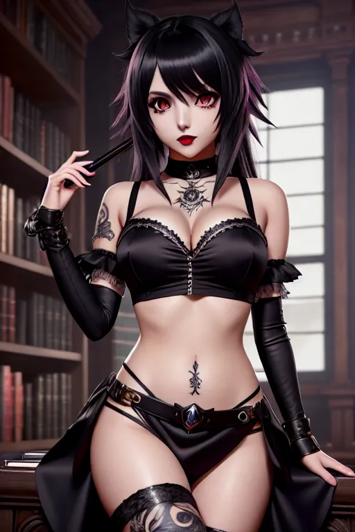 a photograph of,megumin,wearing goth clothes,lying,at the library,small breasts,five fingers per hand,silky hair,gorgeous face,beautiful lips,detailed large eyes,curved eyebrows,joyful,tattoo,cinematic lighting,unreal engine,studio lighting,highly detailed,artstation