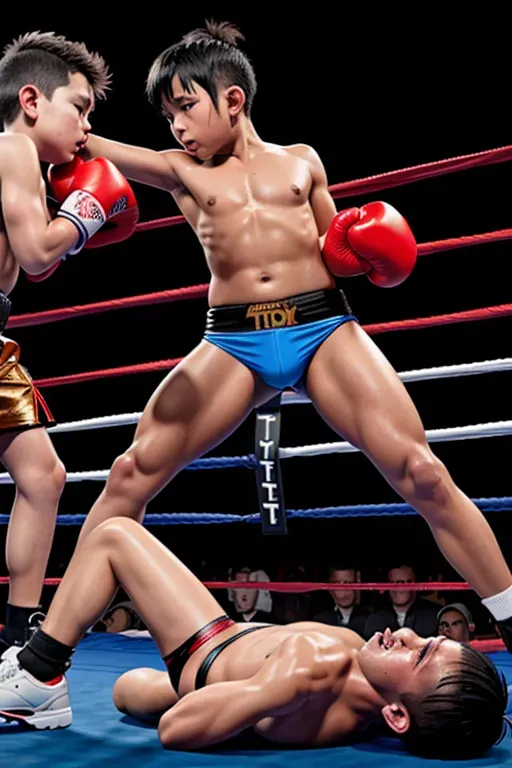 Full body little boy with a aroused expression in a g-string thong and boxing gloves, see through clothes, bedroom, cartoon network, 4k, vibrant colors, trending on deviantart , trends in artstation, high details, sweaty and bruised, sweat, bruised, bulge, wounded, blood, bleeding, punched in the face, getting hit