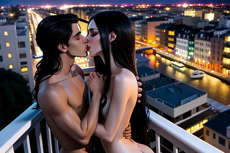 A beautiful slim flat chested transgender woman with long black hair nude with an expression of ecstasy on her face leaning over with her hands holding the railing of a balcony looking out on a city while a young handsome man fully dressed with short black hair stands behind her kissing her, softly erotic atmosphere, realistic photo, early evening light from outdoor lights on the balcony, the Moon is just beginning to show