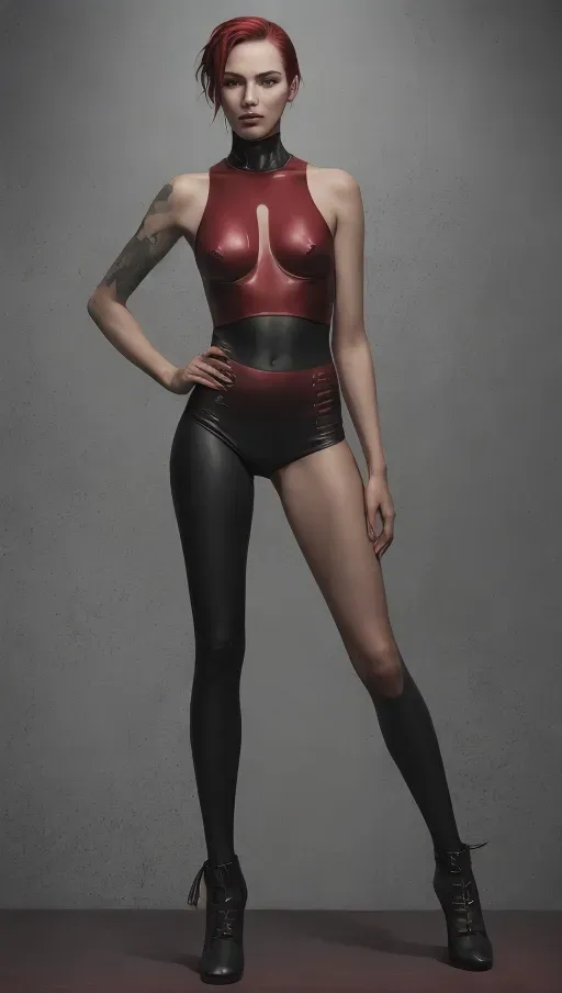 lesbian, badass, taper fade hair, asymmetric clothing, minimalistic red thong, sophisticated fetish look, suspenders, nina hoss, thin hips, very slim legs, exposed breasts, inversed triangle body type, wet dripping pussy, over knee leather boots, topless, androgynous shemale body, prosthetic G size breasts, aroused nipples, noir, Dark, neon lights, red, grey, vivid, detective, Asian, babe, dyed red hair, dark eyebrows, piercing dark eyes, small nose, full lips, narrow chin, bare breasts, aroused nipples, aroused clit exposed, skull tattoos, standing beside a futuristic sports car, aroused, cute, sexy, high definition, 4k quality, cinematic lighting, great shading, excellent detail, five fingers per hand